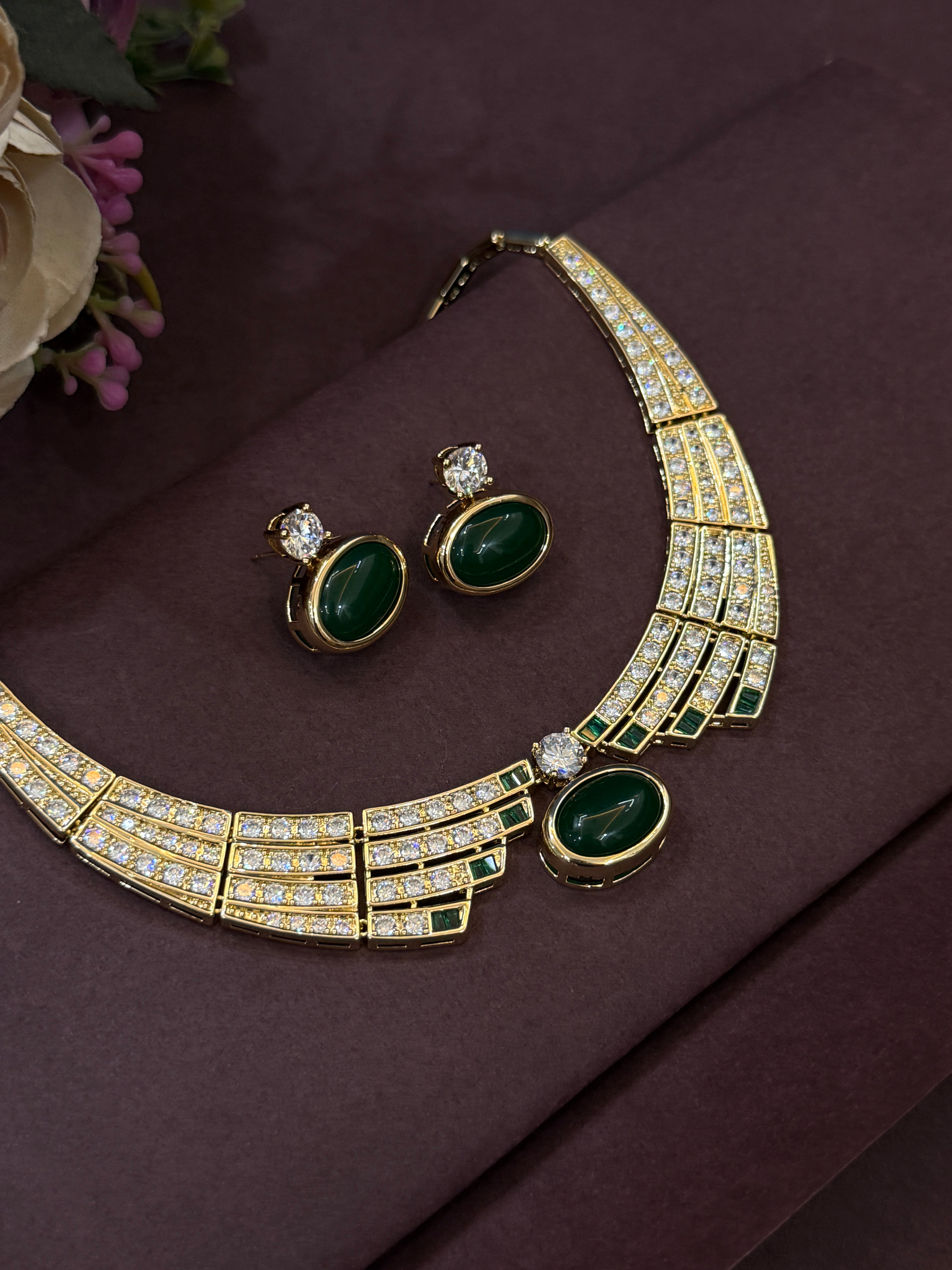 Elegant Emerald & Diamond Gold-Plated Necklace Set
